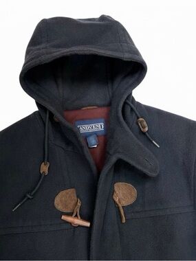 Vintage Lands End Duffle Coat Men Medium Black Wool Hooded Toggle Jacket Pea Zip